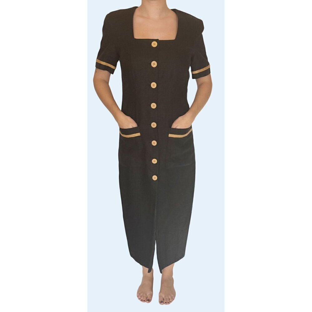 Vintage LIZ CLAIBORNE 80s / 90s Linen Nautical Black Gold Dress Sz S